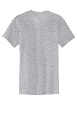 A grey T-shirt with short sleeves and a pocket. The back view shows a plain design. It features a logo.