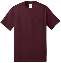A maroon t-shirt featuring a pocket, made of a cotton blend, with a visible branding label.