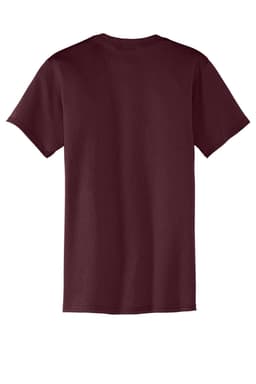 A maroon T-shirt with a pocket, viewed from the back. The shirt features a small logo.