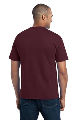 A maroon pocket T-shirt with short sleeves displayed on a model from the back, featuring a logo.