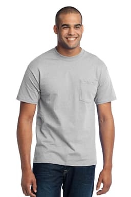 A grey, short-sleeved t-shirt with a pocket, worn by a smiling man, featuring a logo on the shirt.