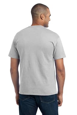 A grey t-shirt displayed on a model, featuring a classic crew neck and short sleeves. It has a logo on the chest.