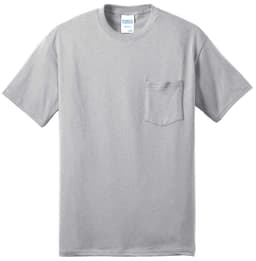 A light grey t-shirt with a pocket, made from a blend of materials, featuring a brand logo.