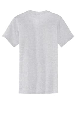 A grey t-shirt with a pocket and a plain back, featuring a logo on the front.