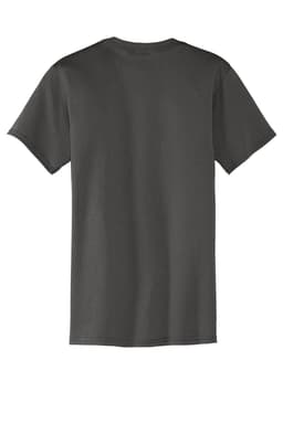 A dark grey t-shirt with short sleeves and a pocket, featuring a logo on the front.