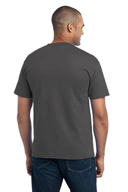 A grey t-shirt with a pocket, featuring a plain back view, worn by a male model.