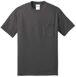 A dark grey T-shirt featuring a pocket on the left side and a logo on the label.