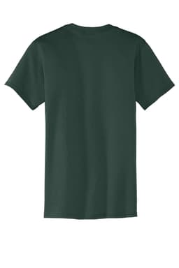 A dark green t-shirt featuring a pocket and short sleeves, displayed from the back. It has a logo on the fabric.