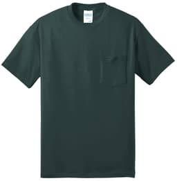 A dark green pocket t-shirt featuring a chest pocket and a branded label on the neck.
