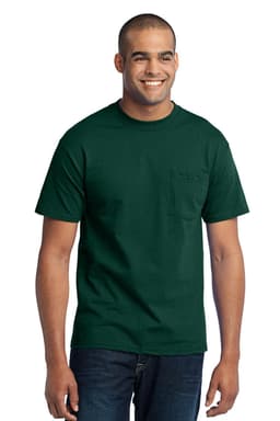 A man wearing a dark green Port & Company Core Blend Pocket Tee with a chest pocket, paired with jeans.