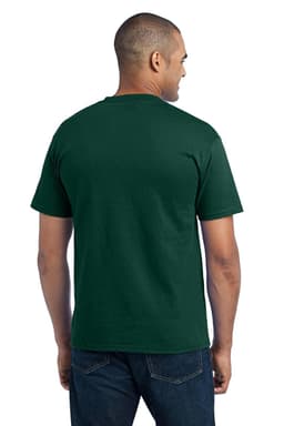 A dark green t-shirt with short sleeves and a pocket, viewed from the back. Features a logo.