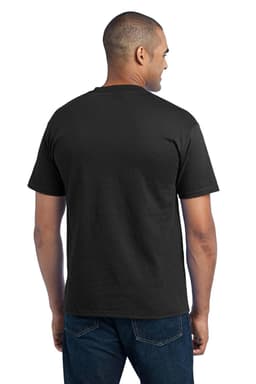 A black core blend pocket t-shirt displayed on a male model from the back, featuring a simple logo.