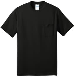 A black short-sleeve T-shirt featuring a pocket and a logo on the label.