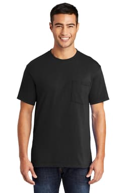 A black short-sleeve t-shirt with a pocket, worn by a smiling male model, featuring a logo on the chest.