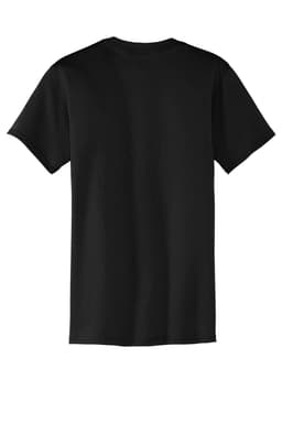 A black T-shirt with short sleeves, featuring a pocket on the front and a logo.
