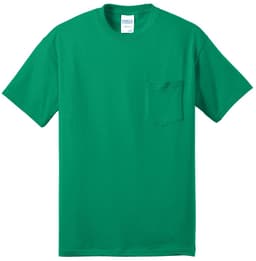 A green T-shirt featuring a pocket, made from a blend of materials, with a branding label.