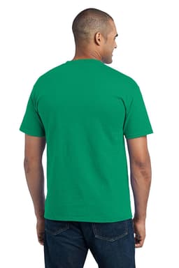 A green t-shirt with a pocket, featuring a plain back view and short sleeves. It has a logo on the chest pocket.