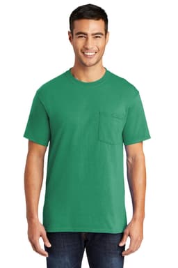 A green Core Blend Pocket Tee shirt worn by a smiling man, featuring a front pocket and short sleeves.