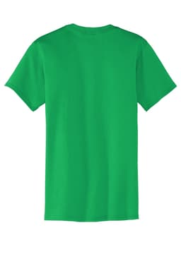 A green T-shirt with short sleeves and a pocket on the front. The back is plain. It features a logo.