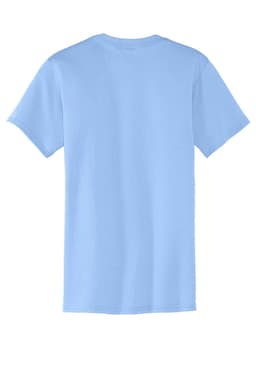 A light blue t-shirt featuring a classic crew neck and short sleeves, with a pocket on the front.