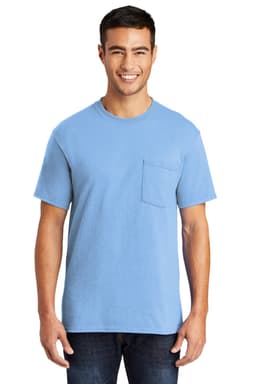 A light blue pocket t-shirt displayed on a smiling male model, featuring a logo on the front.