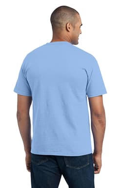 A light blue t-shirt featuring a pocket, displayed from the back. The shirt has a logo on it.
