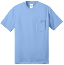 A blue Port & Company Core Blend Pocket Tee featuring a front pocket and short sleeves.