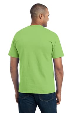 A man wearing a bright green Port & Company Core Blend Pocket Tee, viewed from the back. The shirt has a pocket and a logo.