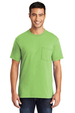 A bright green pocket T-shirt featuring a chest pocket, modelled by a smiling man.