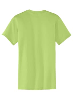 A bright lime green T-shirt with a classic crew neck and short sleeves, featuring a logo on the back.