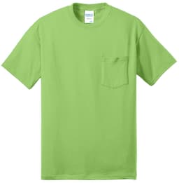 A bright green t-shirt featuring a pocket and a small logo on the label.