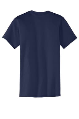 A navy blue pocket T-shirt displayed from the back, featuring a simple design and a small logo.