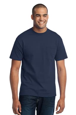 A navy blue t-shirt with a pocket, featuring a logo, worn by a smiling man.