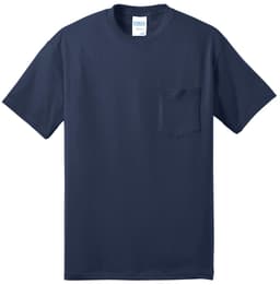 A navy blue short-sleeve t-shirt featuring a pocket and a logo label on the neckline.