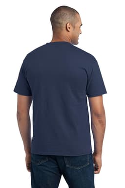 A navy blue t-shirt featuring a pocket, viewed from the back, worn by a man. The shirt has a simple design.