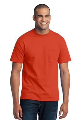 A red short-sleeve t-shirt with a pocket, featuring a model smiling against a plain background.