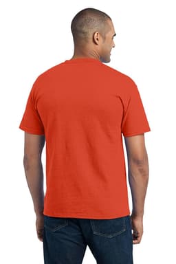 An orange t-shirt with a pocket seen from the back, worn by a person. The shirt features a logo.