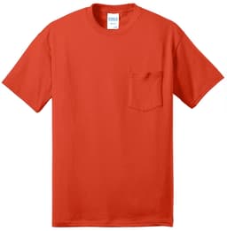 An orange pocket t-shirt featuring a crew neck and short sleeves, with a logo on the label.