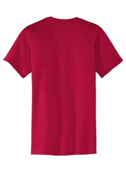 A red T-shirt featuring a pocket at the front and a logo on the back.