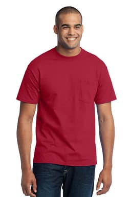 A man is wearing a red Port & Company Core Blend Pocket Tee. The shirt features a pocket and short sleeves.