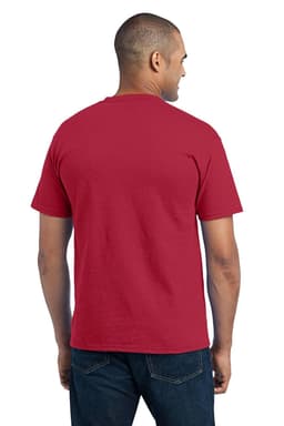 A red t-shirt featuring a pocket, shown from the back, on a model wearing blue jeans. Includes a logo.