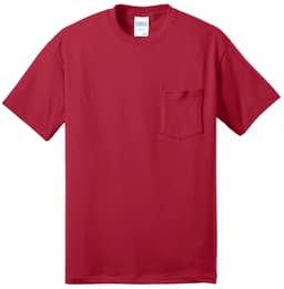 A red short-sleeve T-shirt featuring a pocket and a small logo on the label.