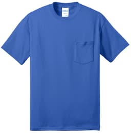A blue t-shirt featuring a pocket and a logo. The shirt is made of a core blend fabric.