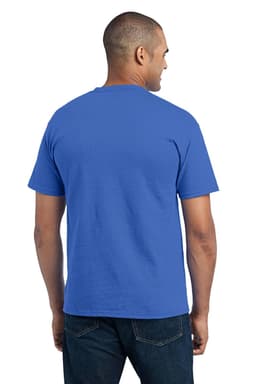 A blue t-shirt featuring a pocket, displayed from the back on a person. The shirt has a logo.