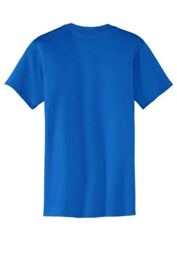 A blue t-shirt featuring a pocket and a branding logo, viewed from the back.