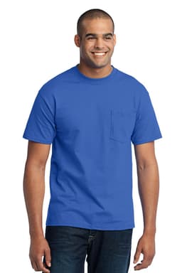 A blue T-shirt with a pocket, featuring a male model smiling while wearing it. The shirt has a simple design and branding.