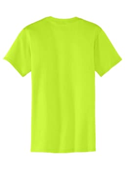 A bright yellow t-shirt featuring short sleeves and a classic crew neckline, with a logo on the back.