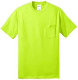 A bright lime green t-shirt featuring a pocket and a brand label on the neck.