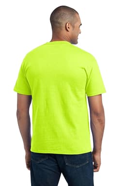 A vibrant lime green pocket t-shirt with short sleeves, viewed from the back on a model.
