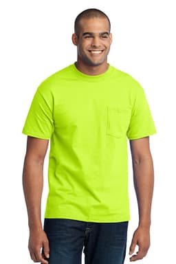 A bright lime green T-shirt with a pocket, featuring a model smiling while wearing it.